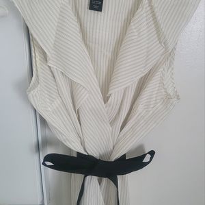 Plus sleeveless pin stripe ruffled neck, peplum top with black ribbon tie waist